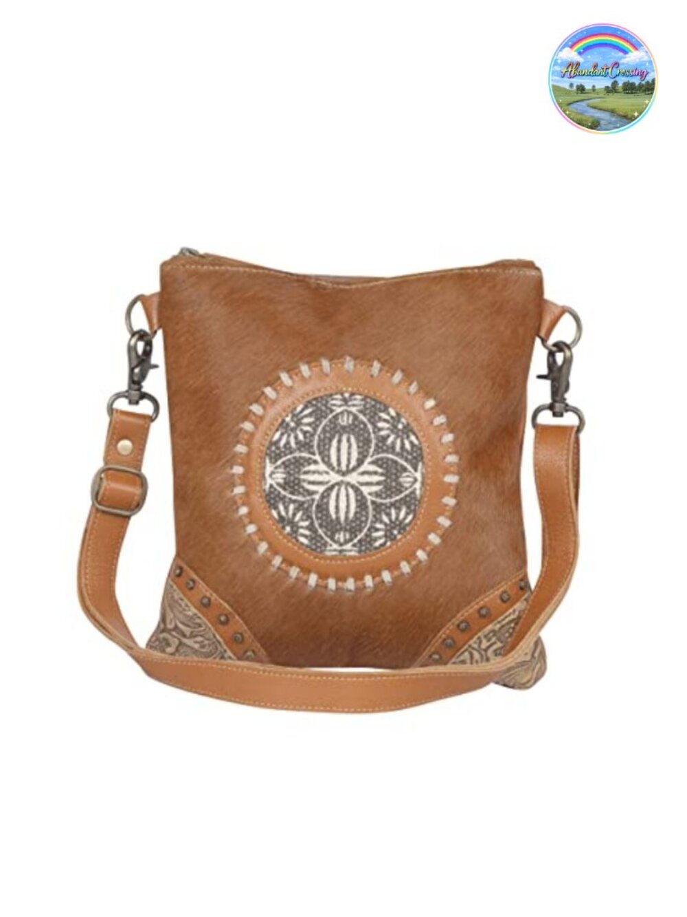 Canvas Shoulder Bag with Real Leather Strap, Floral Mosaic Pattern, Handcrafted